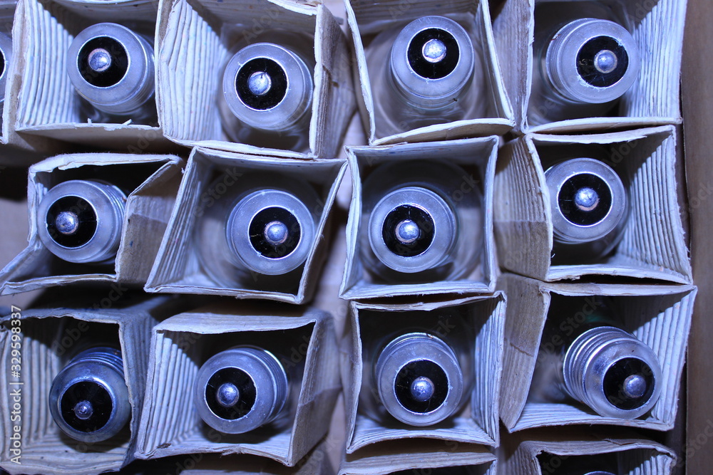 Electric lamps in the package. Top view. Moscow. Russia. Electric lamps in the package. Top view. Moscow. Russia.