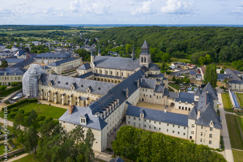 Aerial view of Abbey of Fontevraud, Anjou, Fontevraud l'Abbaye, Maine-et-Loire department, Pays de la Loire, Loire Valley, UNESCO World Heritage Site, France, photo