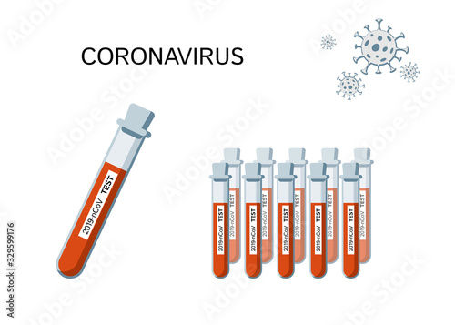 Poster infection and test coronavirus bacteria virus Test tube with blood Medical theme analysis check coronavirus test 2019-ncov Concept medicine laboratory test danger of infection epidemic Vector