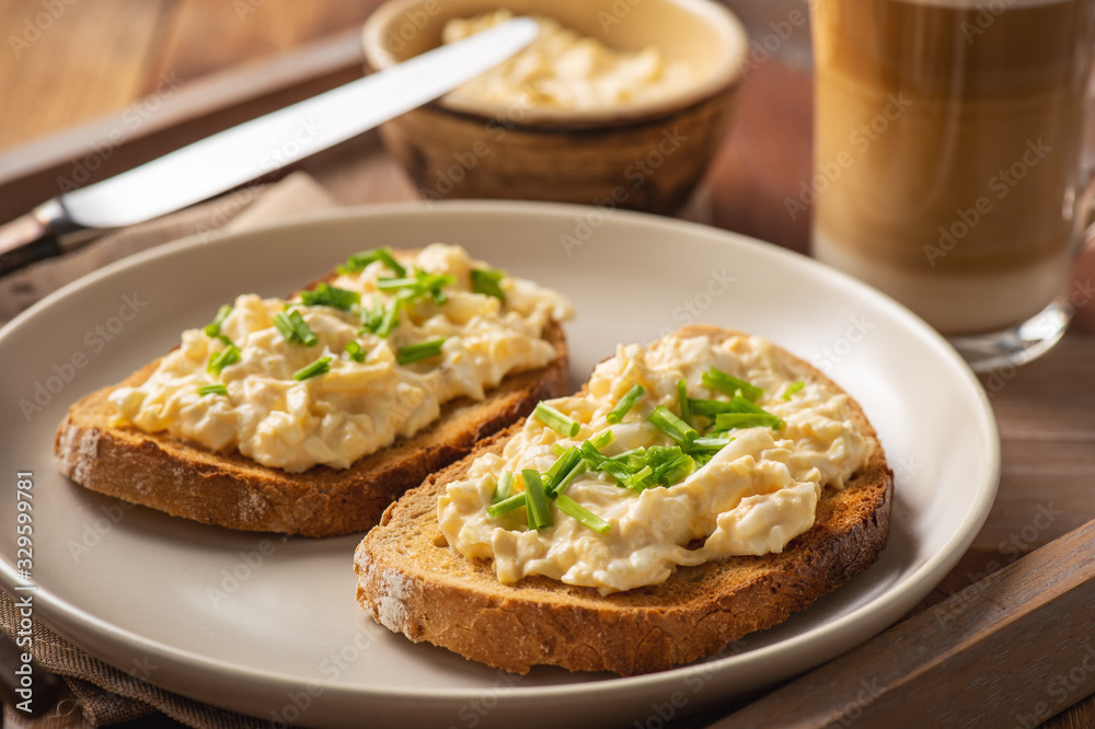 Homemade egg salad toasts, breakfast idea.