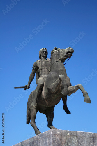 Alexander the Great statue against blue sky in Thessaloniki, Greece