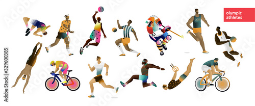 Olympic Games! Vector illustration of different athletes: hockey, basketball, volleyball, tennis, runner, cycling, gymnastic, players, sportsman. Set of character design for card, background or poster