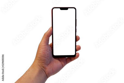 Hand holding a smartphone on white background.