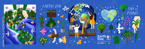 Earth Day! Vector illustration of metaphorical big hand cares forest aerial view; kids and man draw, care Earth planet; bird, tree, flower isolated objects. Vector cute illustration for card, postcard
