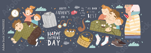 Happy Father`s day! Vector cute illustration of father plays with kids, children hug daddy, quote my dad is the best; shirt, socks and gifts isolated objects. Drawings for card, poster, postcard