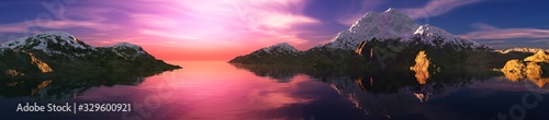 Beautiful panorama of the sea bay at sunset, rocks in the water at sunrise, 3D rendering © ustas