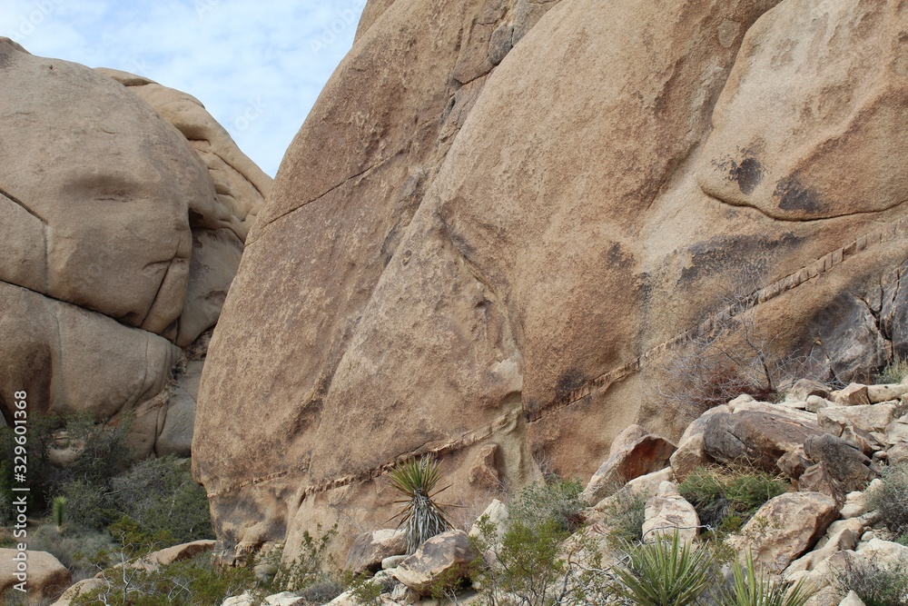 Some rocks in Joshua Tree National Park of the Southern Mojave Desert display strips of different looking material known as geologic Dikes, created long ago when preexisting fractures were filled. Some rocks in Joshua Tree National Park of the Southern Mojave Desert display strips of different looking material known as geologic Dikes, created long ago when preexisting fractures were filled.
