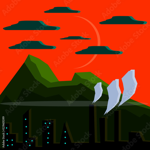 Mountain landscape with clouds and city