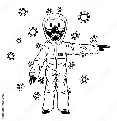 Vector cartoon stick figure drawing conceptual illustration of man wearing protective face mask and suit surrounded by coronavirus covid-19 and pointing at something.
