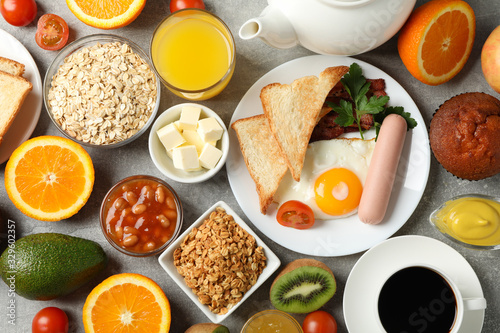 Delicious breakfast or lunch background. Grey table. Top view