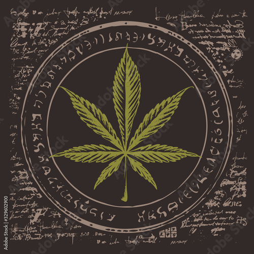 Vector banner for legalize marijuana with hemp leaf on the black background with grunge style manuscript. Smoking weed. Natural product made from organic hemp. Medical cannabis