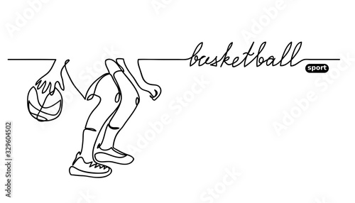 Basketball background simple vector sketch with lettering basketball sport.One continuous line drawing.