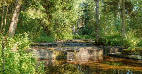 Fototapeta Naklejka Na Ścianę i Meble -  Hidden rain forest waterfall with lush foliage and mossy rocks
