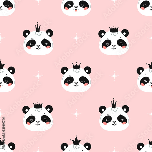Princess Pandas. Cute Little Baby Panda Bear Face with Crown Seamless Pattern. Black and White Chinese or Bamboo Bear Face. Kawaii Animal Heads Childish Vector Background for Kids Fashion Design