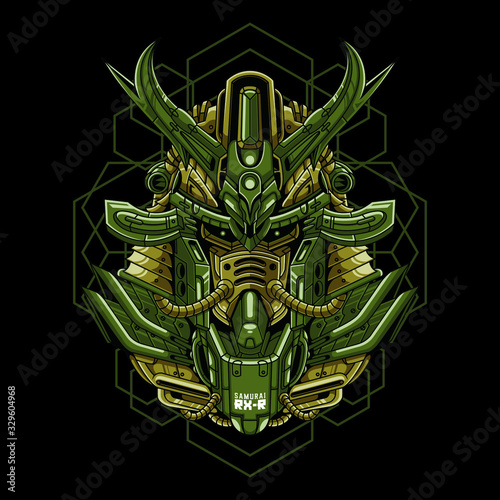 Mecha head samurai with sacred geometry pattern
