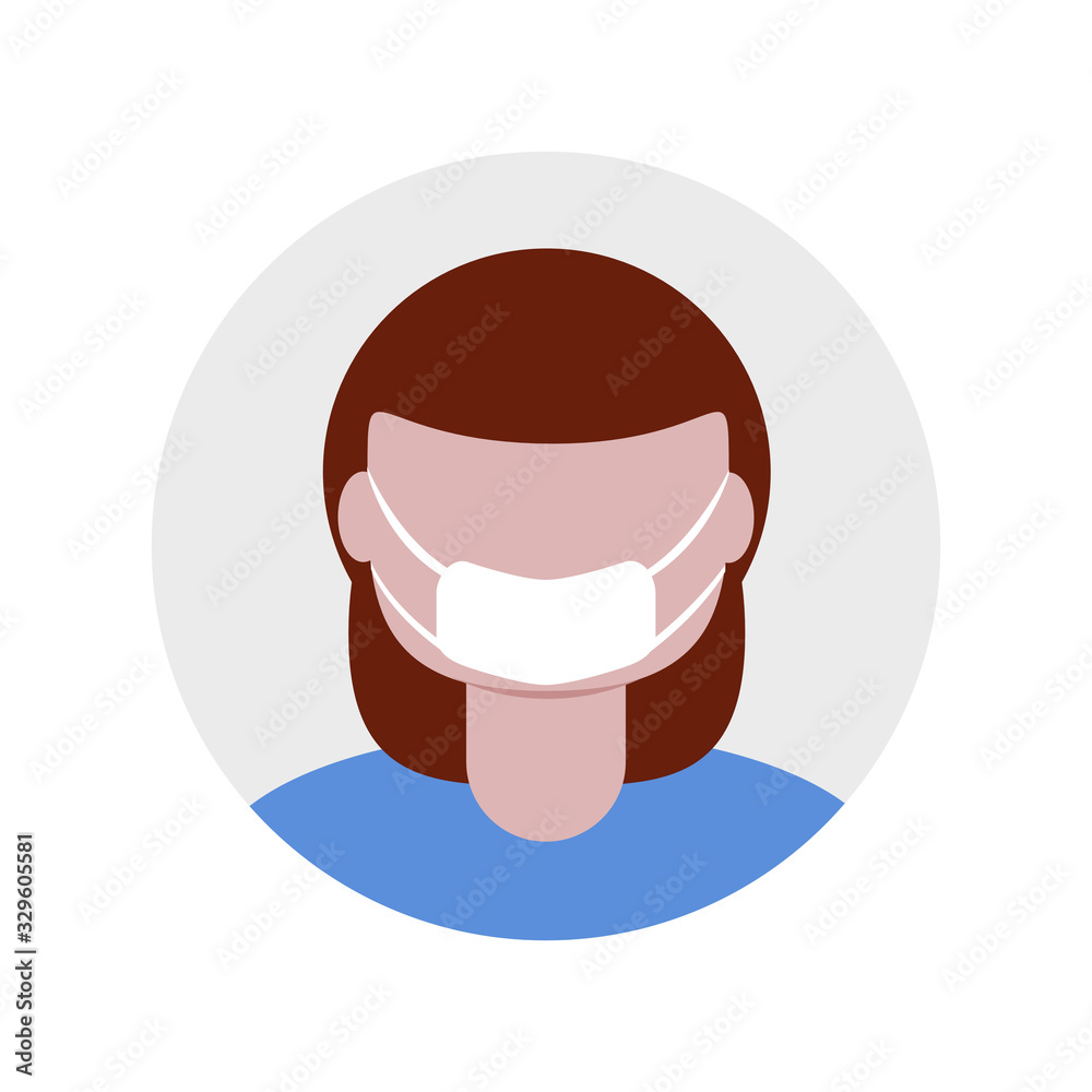 Vector icon of a medical staff member with a face mask and long hair, dressed in blue. Represent a doctor, nurse or a vet on your website or healthcare infographic. - Vector