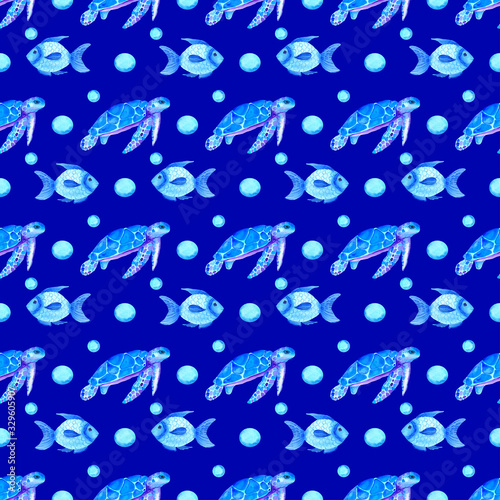 Watercolor seamless pattern with blue fish and turtle on dark blue background. Hand painted nautical illustration.