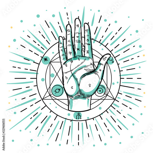 Vintage Hands. Hand drawn sketchy illustration with mystic and occult hand drawn symbols. Palmistry concept. Vector illustration. Spirituality, astrology and esoteric concept.