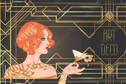 Female hand holding cocktail glass with splash. Art deco (1920's style) vintage invitation template design for drink list, bar menu, glamour event, thematic wedding, jazz party flyer. Vector art.