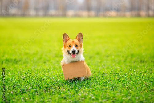 red haired Corgi dog puppy sits in a spring Park on green grass with a blank sign for the inscription on his neck and smiles