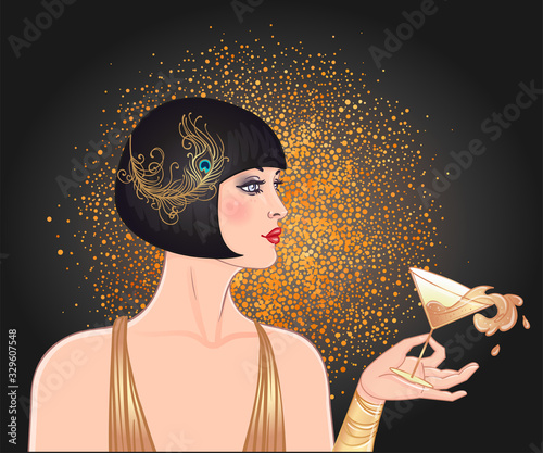 Female hand holding cocktail glass with splash. Art deco (1920's style) vintage invitation template design for drink list, bar menu, glamour event, thematic wedding, jazz party flyer. Vector art.