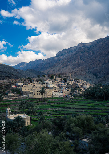 View of the small village Bald Sayt between mountains in Jebel Shams, Oman