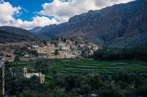 View of the small village Bald Sayt between mountains in Jebel Shams, Oman