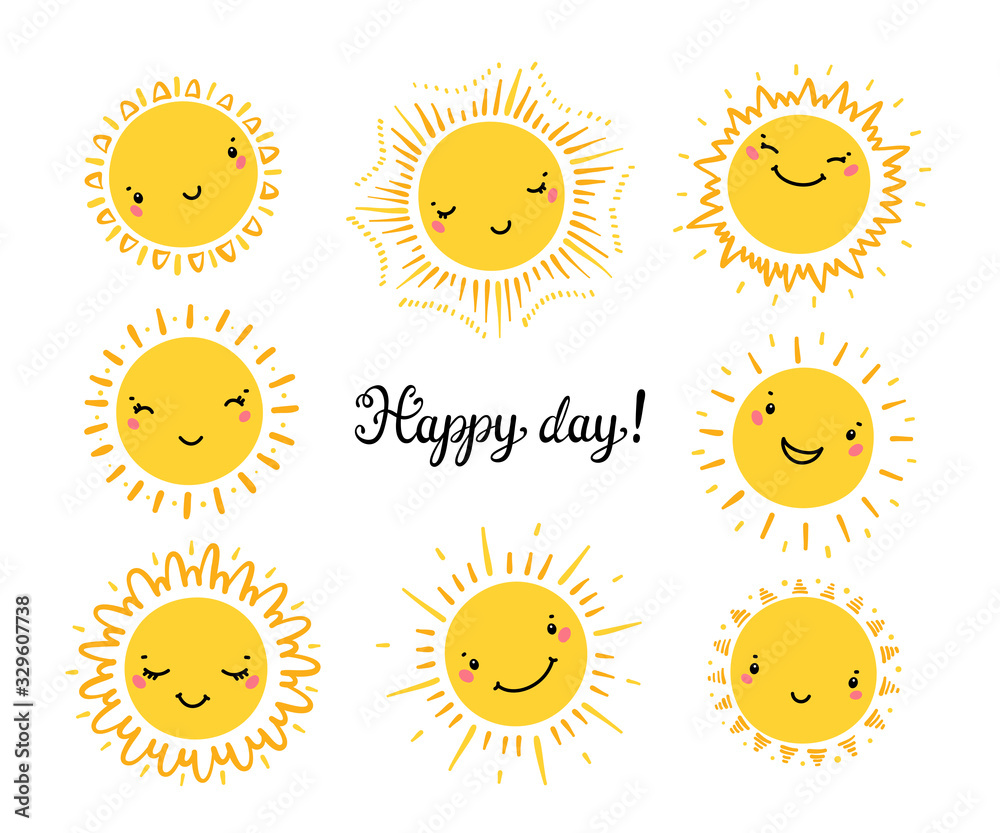 Cute Kawaii Sun Icon Vector Set. Hand Drawn Doodle Different Funny Happy Suns. Happy day Cute Kawaii Sun Icon Vector Set. Hand Drawn Doodle Different Funny Happy Suns. Happy day