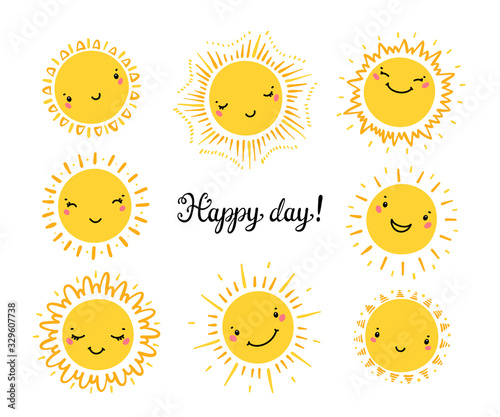 Cute Kawaii Sun Icon Vector Set. Hand Drawn Doodle Different Funny Happy Suns. Happy day