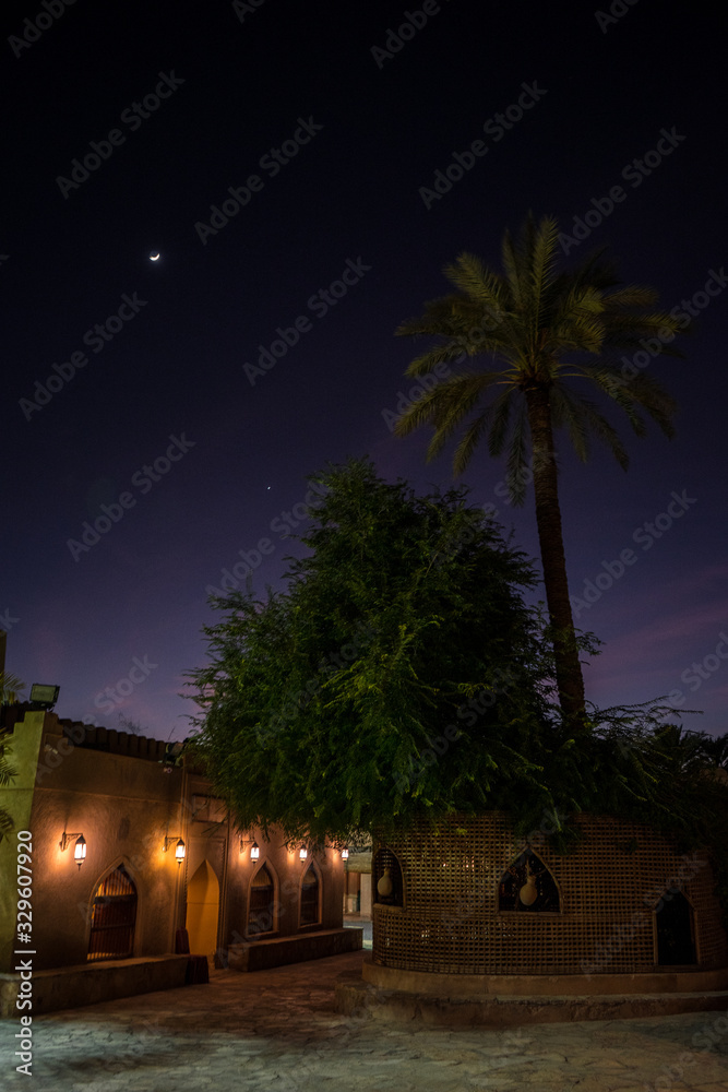 Night photo with trees from the Nizwa Fort, Oman