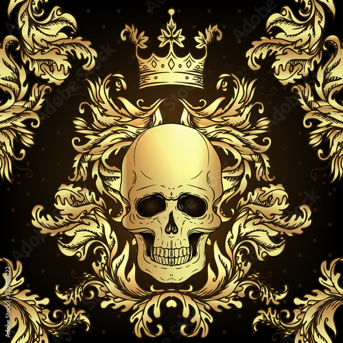 Baroque seamless ornament. Damask style pattern with skull. Vintage ornate vector design for wallpaper, wrapper, fashion textile.