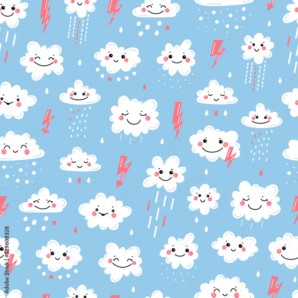 Vector Seamless Pattern with Cute Smiling White Clouds with Rain Drops, Thunder and Lightning Icons. Sky Light Blue Background for Kids Fashion, Nursery, Baby Shower Scandinavian Design