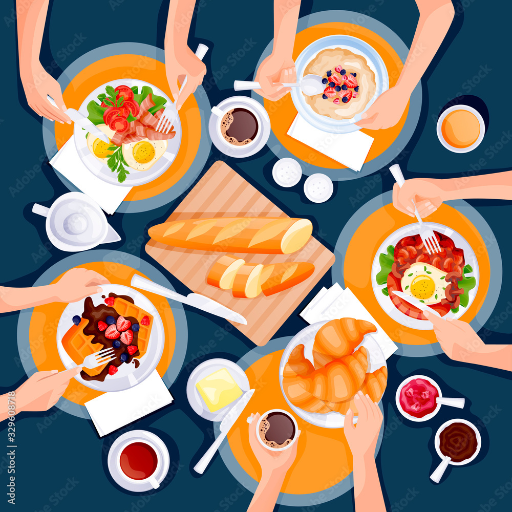 People have breakfast. Top view flat cartoon illustration of brunch ...