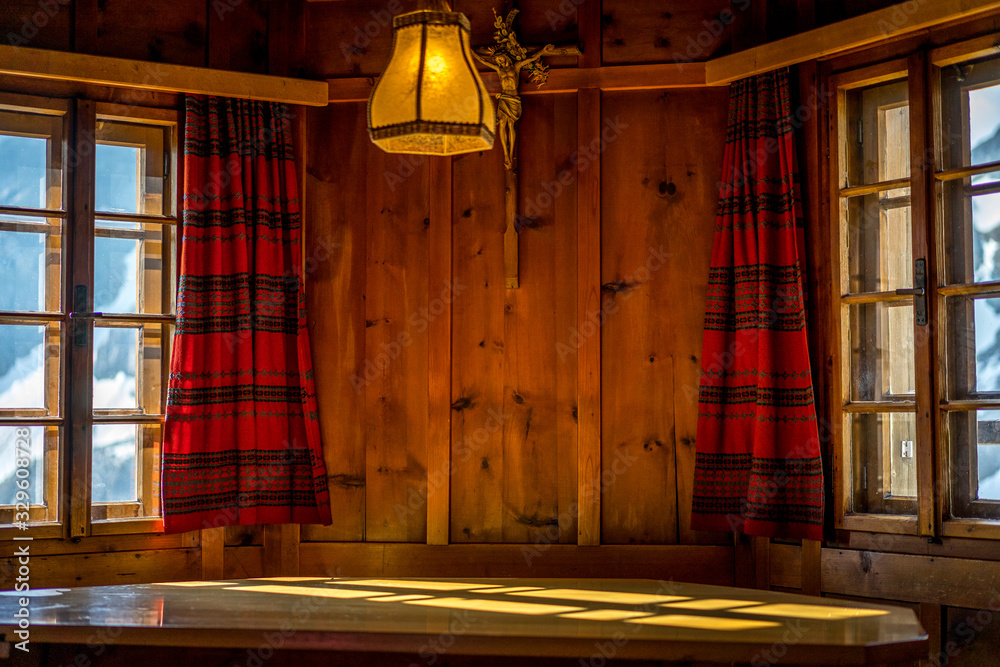 Inside of a wooden mountain hut