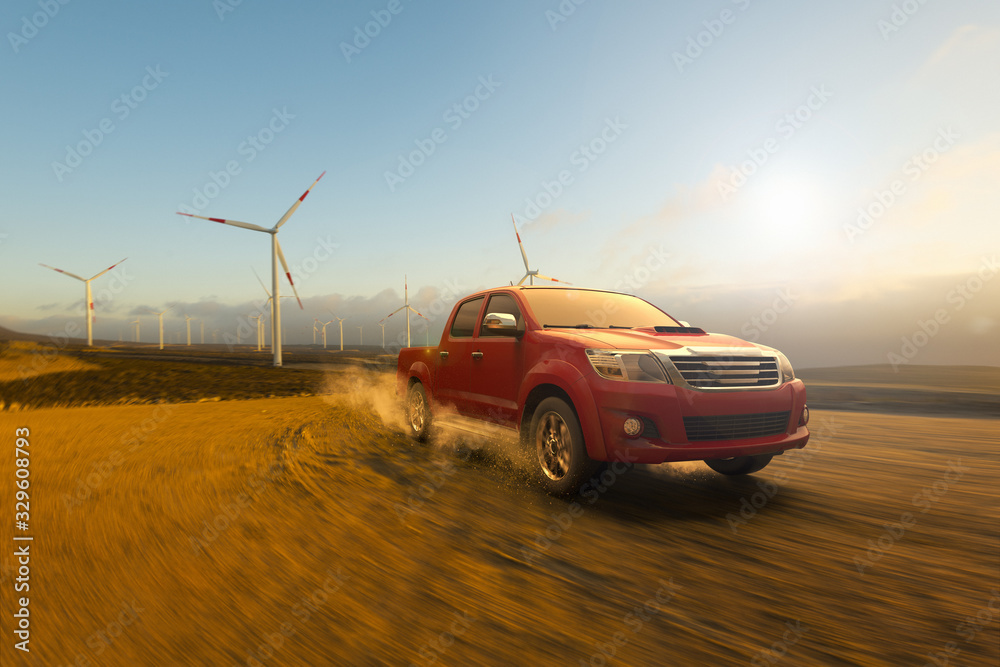 3D rendering of a pick-up truck at work in a wind farm
