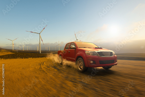 3D rendering of a pick-up truck at work in a wind farm