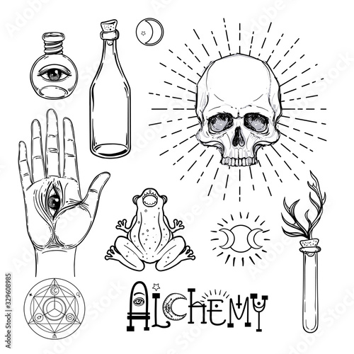 Alchemy symbol icon set. Spirituality, occultism, chemistry, magic tattoo concept. Vintage vector illustration collection with mystic and occult signs. Halloween, astrological elements. photo