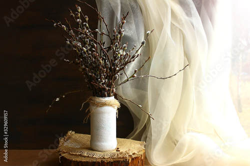 Willow branches in a white vase on a wooden stand cut, chiffon beige golden tulle on a dark brown background. The interior is in a rustic pastoral eco style. Spring window view