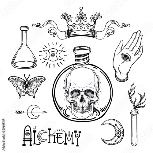 Alchemy symbol icon set. Spirituality, occultism, chemistry, magic tattoo concept. Vintage vector illustration collection with mystic and occult signs. Halloween, astrological elements.