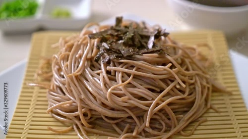 cold buckwheat soba noodles or zaru ramen - Japanese food style photo