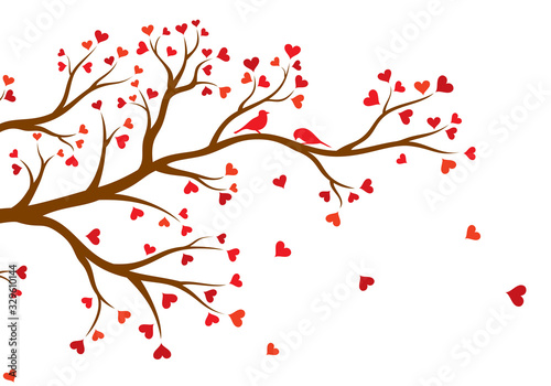 Vector illustration of abstract  decorated with hearts tree branch with couple of birds  in color  isolated  on white background