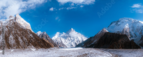 Panoramic view of K2, the second highest mountain in the world with surrounding mountains such as Crystal, Marble, Angel, Nera and Broad peak from Baltoro Glacier,  Concordia, Pakistan photo