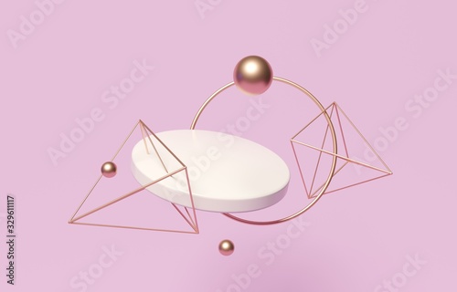 Geometric shapes fly on pink background. Golden balls, circles, pyramids, stands - abstract 3d composition. Bright, summer, spring illustration for ads. Presentation mockup template of goods, products
