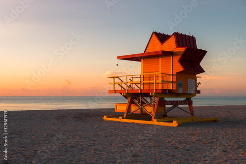 Iconic Miami Beach hut during sunrise with powerful clouds on a calm summer morning in Miami Beach (Miami, Florida, USA)