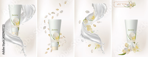 Collection jasmine cream. Milk splash with flower jasmine. 3D realistic jasmine. Bunch beautiful white flowers. Fragrant jasmine. Vector illustration.