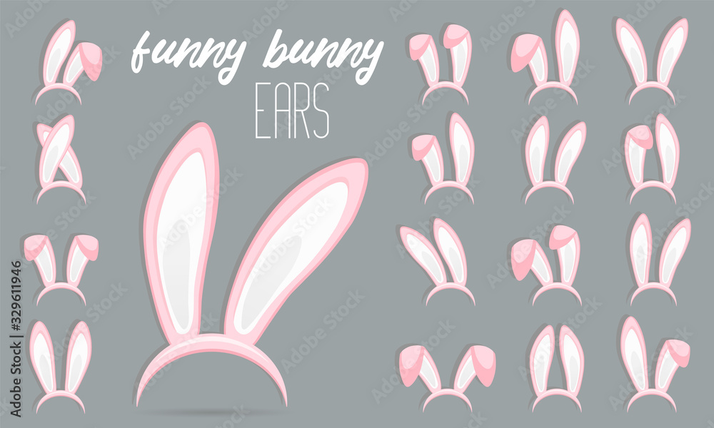 Easter Rabbit ears icons - big set. Collection of masks pink bunny ear on transparent background. Cute headband stickers. Vector illustration Easter Rabbit ears icons - big set. Collection of masks pink bunny ear on transparent background. Cute headband stickers. Vector illustration