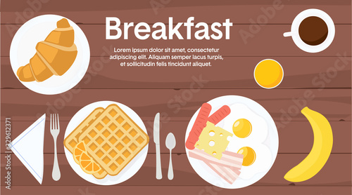Vector Illustration of a Breakfast Table, with different breakfast items