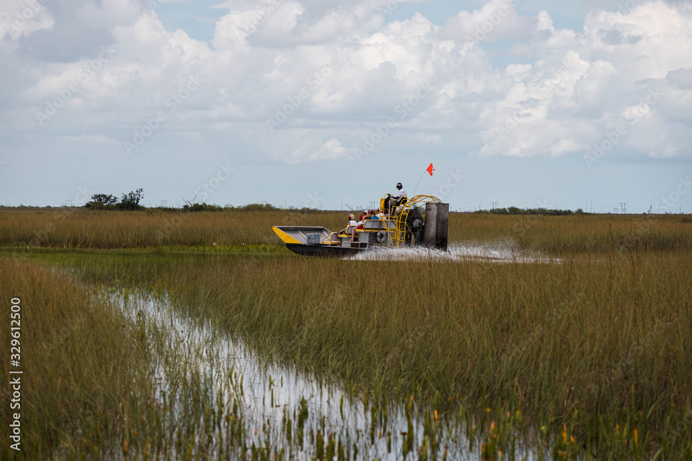 Fototapeta premium Exploring Everglades National Park by iconic airboat tour with scenic reflections (Everglades, Miami, Florida, USA)
