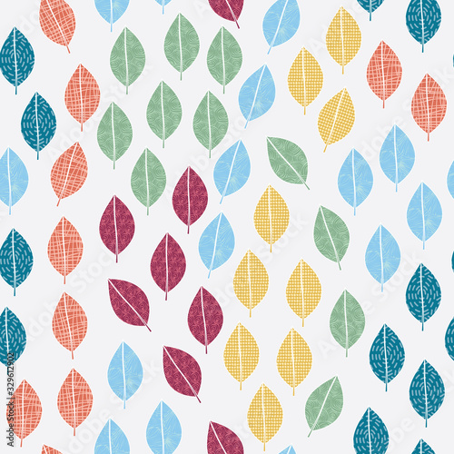 Vector Blue Green Red Orange Yellow Leaves on White Background. Seamless Repeat Pattern. Background for textiles, cards, manufacturing, wallpapers, print, gift wrap and scrapbooking.