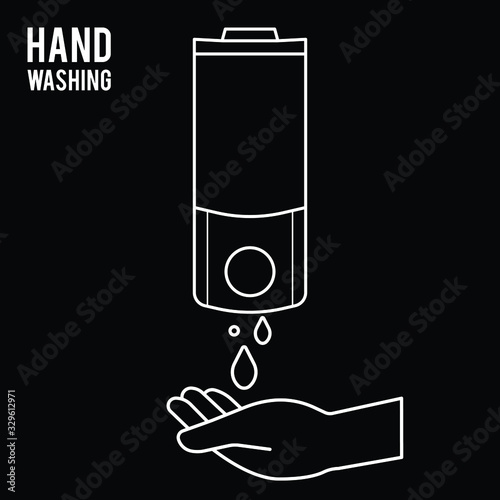 Hand wash. Hand sanitizer. Alcohol-based hand rub. Rubbing alcohol. Wall mounted soap dispenser. Wall hanging hand wash container. Protection from germs such as coronavirus (Covid-19) icon design
